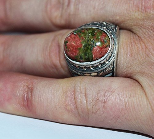 KAMBO Handmade 925 Sterling Silver Men’s Unakite Ring with Floral Art Deco Detailing – Vintage Statement Birthday Gift f