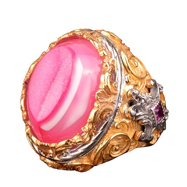 Silver Men's Ring - Gold Plated, Real Crystal Druzy Quartz Pink Natural Stone