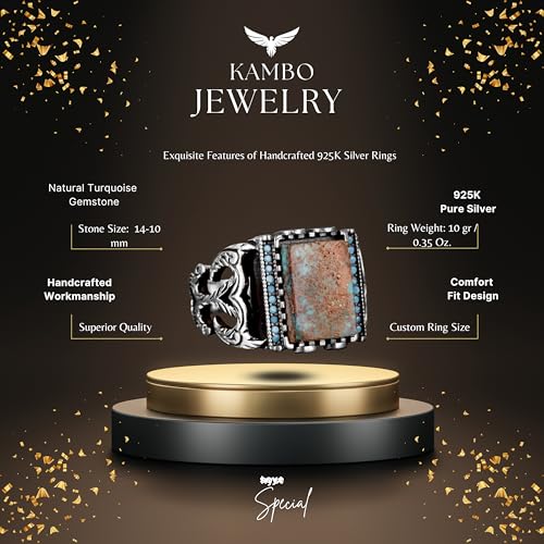 KAMBO Handmade Men's Sterling Silver Ring with Genuine Natural Arizona Turquoise Gemstone - Vintage Style-6 Statement Ri