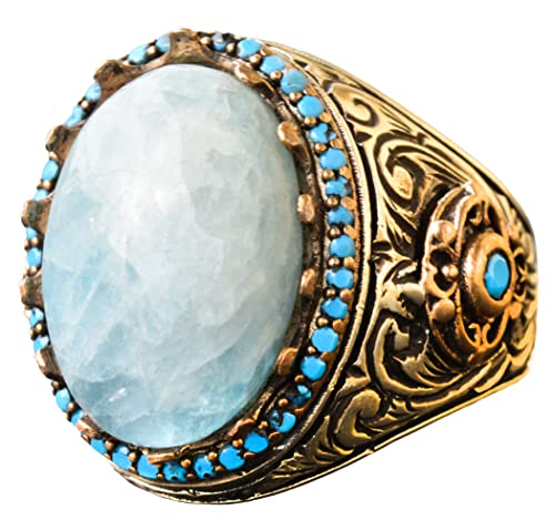 KAMBO Handmade 925 Sterling Silver Larimar Gemstone King Ring for Men, Vintage Art Deco Statement Jewelry, Natural Blue 