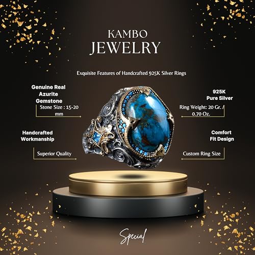 KAMBO Handmade Men’s Ring with Natural Azurite Gemstone, 925 Sterling Silver Art Deco Statement Ring, Vintage Stacking D