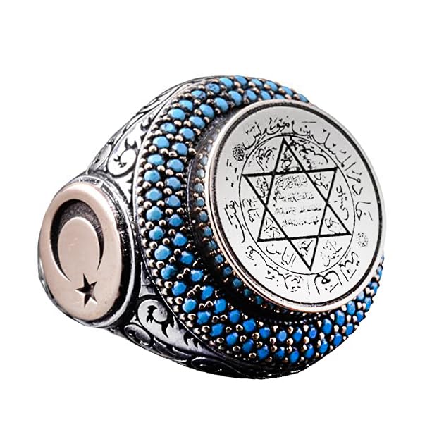 925 Sterling Silver Men's Ring, Blue Turquoise, Crescent Moon and Star Design