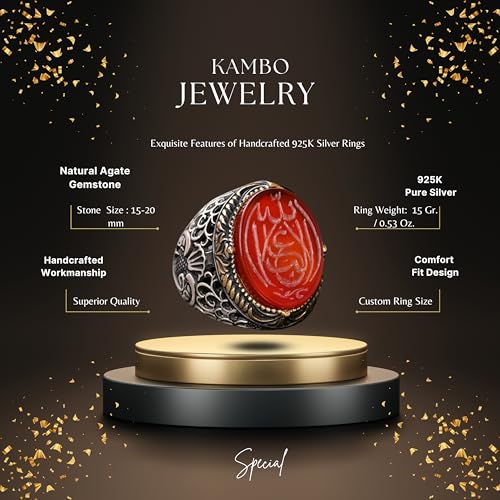 KAMBO Natural Agate Gemstone Ring Handmade 925 Sterling Silver Men's Islamic Arabic Vintage Statement Ring Elegant Gift 