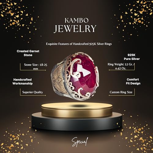 KAMBO Handmade 925 Sterling Silver Unisex Garnet Ring, Vintage Ottoman Empire Religious Design, Statement and Women, Uni