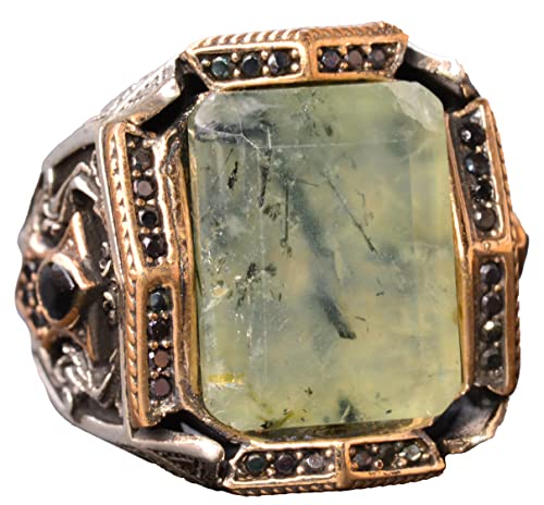 KAMBO Handmade Sterling Silver Men's Ring with Genuine Prehnite Gemstone, King Style Band, Vintage Statement Jewelry, 92