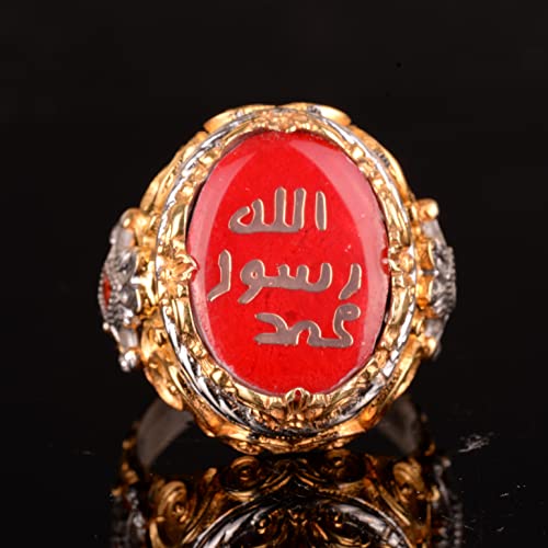 KAMBO Handmade 925 Sterling Silver Men's Ring with Created Red Agate Stone, Islamic Calligraphy Design, Vintage Statemen