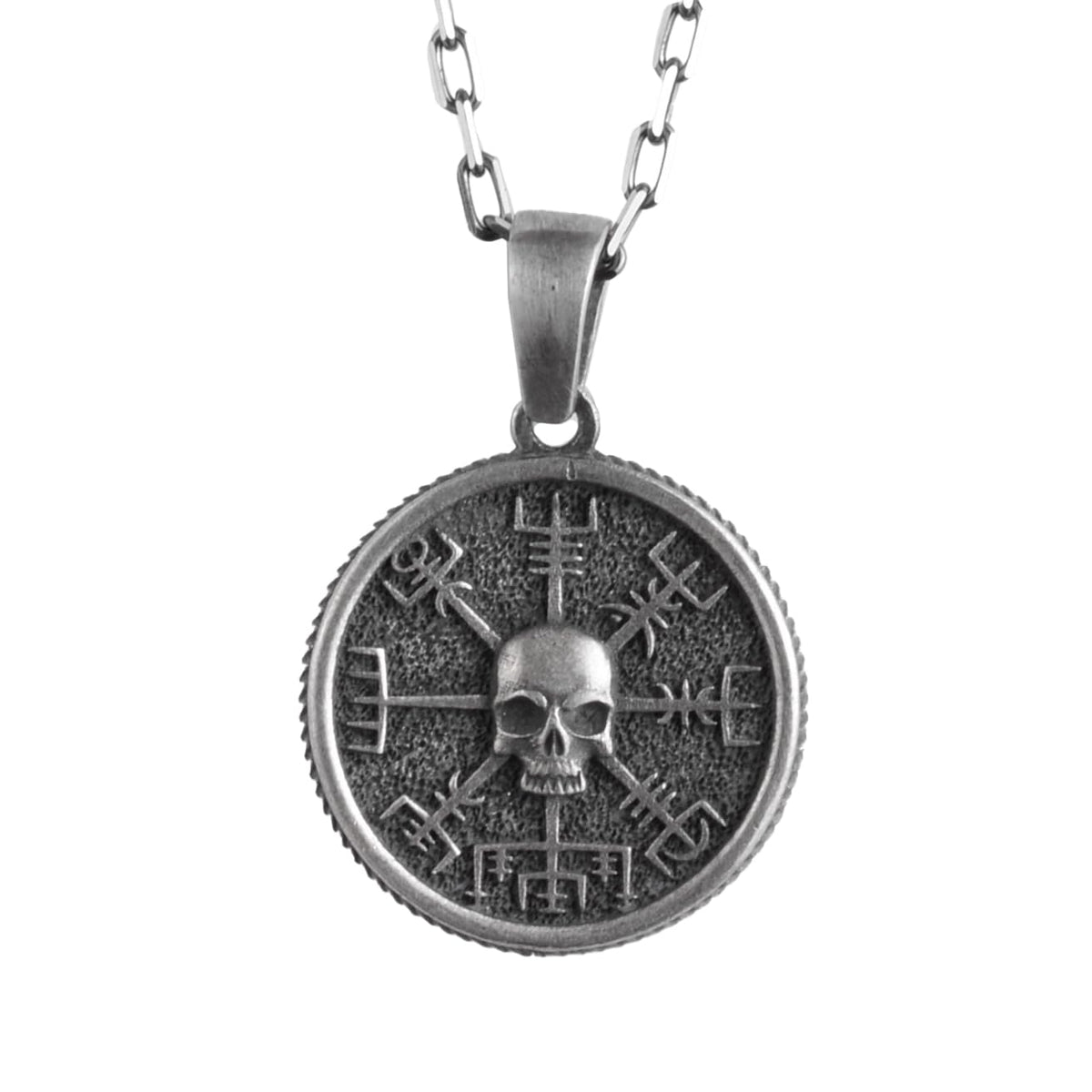 KAMBO Men's 925 Sterling Silver Skull Necklace – Viking Compass Vegvisir with Scandinavian Runes – Chain Handmade Scandinavian Amulet (Silver)
