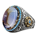 Natural Yemen Agate Stone Ring, Handmade Tugra Design, 925 Sterling Silver Men's Ring