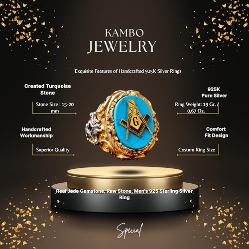 KAMBO Natural Turquoise Gemstone Men's Masonic Ring, Handcrafted 925 Sterling Silver with Intricate Signet Design, Uniqu