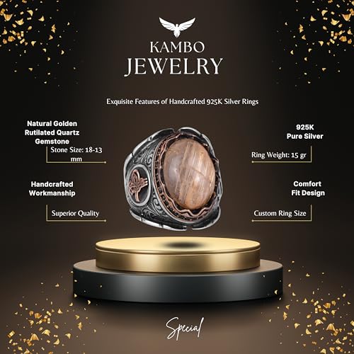 KAMBO Handmade 925 Sterling Silver Men's Ring with Golden Rutilated Quartz Cabochon, Minimalist Ottoman Tugra Design, Vi