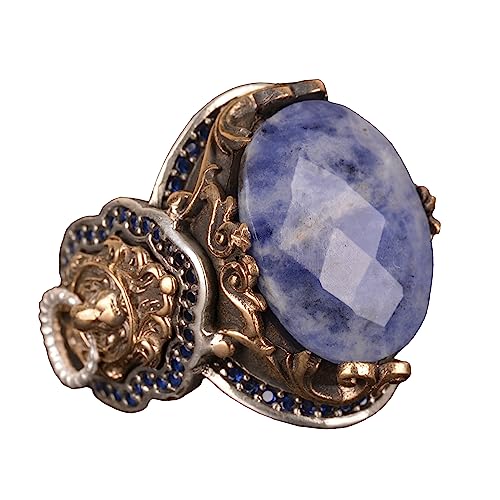 KAMBO Handmade 925 Sterling Silver Men's Ring with Genuine Sodalite Gemstone, Lion Design, Gold Plated Vintage Statement