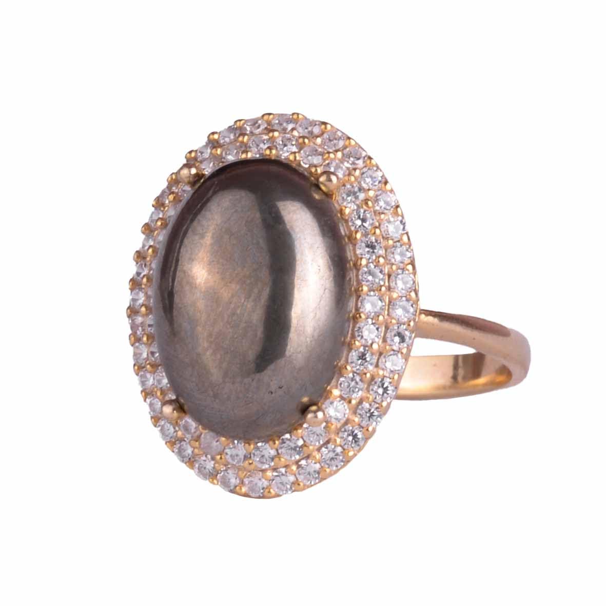 KAMBO 925 Sterling Silver Women's Ring – Oval Natural Stone – Bright Crystal Halo with Silver Gold Plating – Elegant Handmade Jewelry (Pyrite)