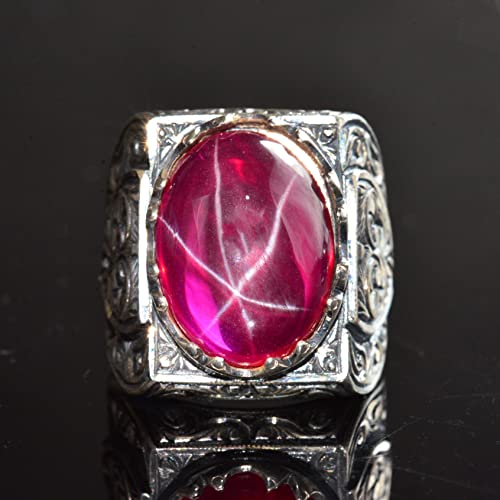 KAMBO Handmade Natural Star Ruby Men's Ring in 925 Sterling Silver with Intricate Six-Ray Star Engraved Design Vintage S