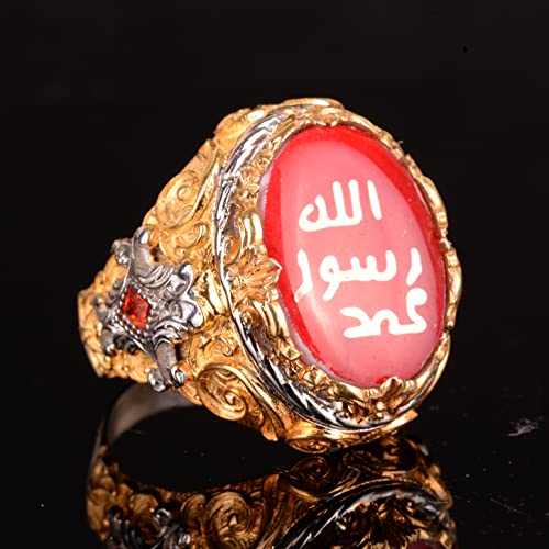 KAMBO Handmade 925 Sterling Silver Men's Ring with Created Red Agate Stone, Islamic Calligraphy Design, Vintage Statemen