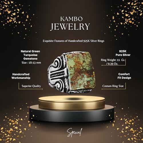KAMBO Handmade 925 Sterling Silver Men's Ring with Natural Green Turquoise Gemstone, Vintage Statement Jewelry, Bold Des