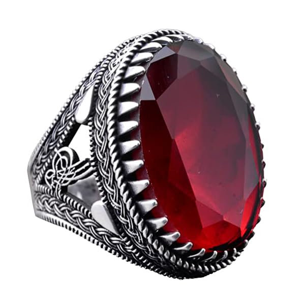 925 Sterling Silver Men's Ottoman Seal Ring, Artificial Garnet Stone