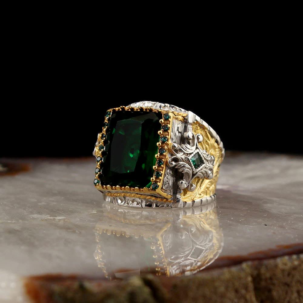 Handmade 925 Sterling Silver Men's Ring, Green Emerald Stone, Decorated Design, Islamic Ring — 3