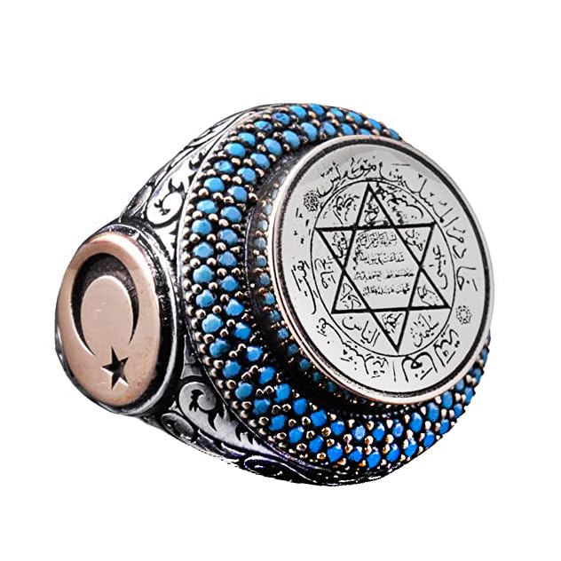 Islamic Star of David Ring - Crescent and Turquoise Detailed, 925 Sterling Silver
