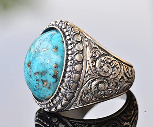 KAMBO Handmade Natural Arizona Turquoise Men's Ring in 925 Sterling Silver with Steel Pen Craft Design Vintage Statement