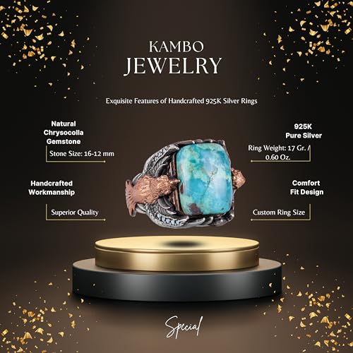 KAMBO Handmade Natural Chrysocolla Gemstone Eagle Ring for Men - Vintage 925 Sterling Silver Animal Motif Signet Ring St