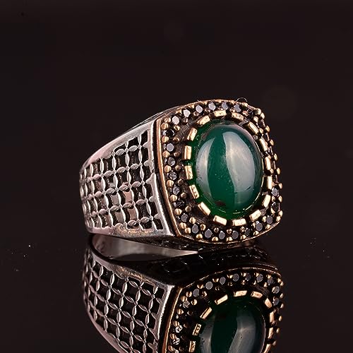 Falcon Jewelry Men's 925 Sterling Silver Ring, Natural Jade Gemstone (10)