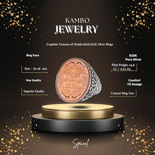 KAMBO Handmade Men's King Solomon Ring in 925 Sterling Silver with Star of David and Seal of Power Motif, Minimalist Kab