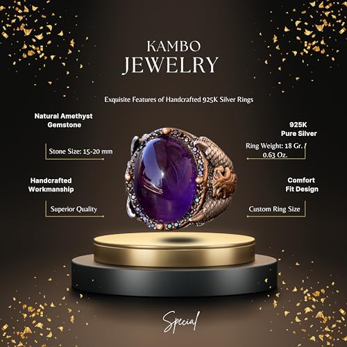 KAMBO Handmade Sterling Silver Men's Amethyst Ring 925 Vintage Eagle Claw Gemstone Statement Band Jewelry