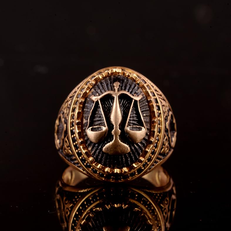 925 Sterling Silver Ring, Gold Plated - Symbol Ring - Men's Ring (Libra) — 4
