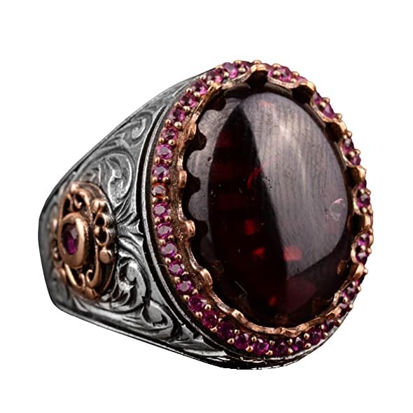 925 Sterling Silver Men's Ring Natural Garnet Stone - Handmade Expressive Ring