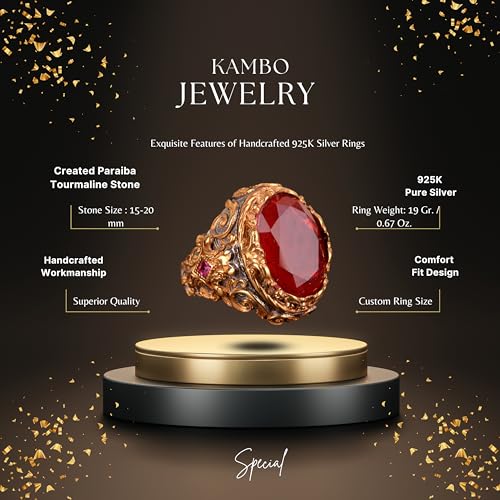KAMBO Handmade Paraiba Tourmaline Ring for Women - 925 Sterling Silver Rhodium Plated Art Deco Vintage Statement Band Ri