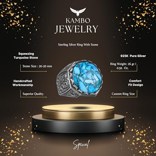 KAMBO Handmade 925 Sterling Silver Men's Ring with Genuine Natural Turquoise Stone, Ornate Vintage Design, Modern Statem