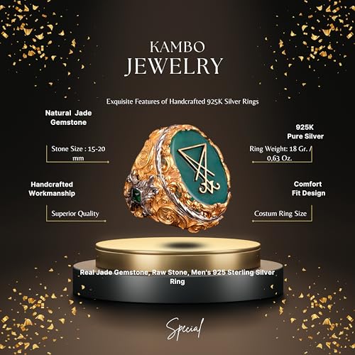 KAMBO Jade Stone Ring Men’s 925 Sterling Silver Signet Ring Handmade Gold Plated King Style Vintage Statement Jewelry Bi