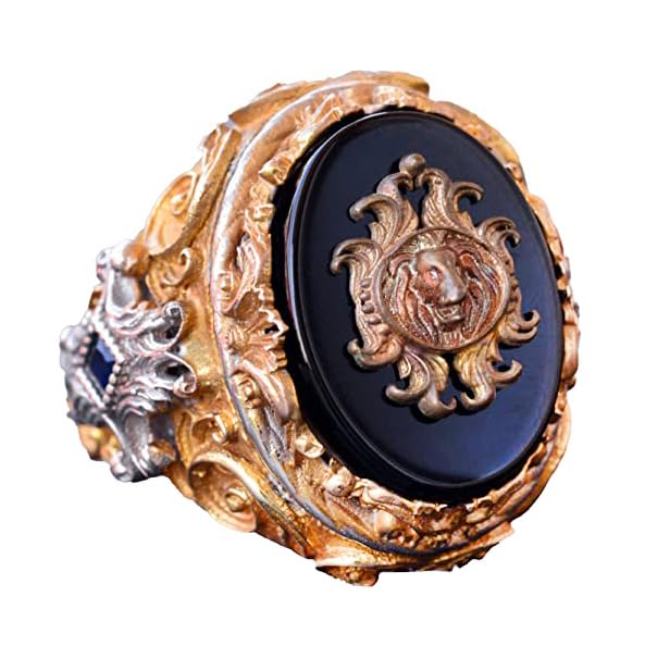 Handmade Onyx Ring - 925 Sterling Silver Men's Gold Plated Ring (Lion)