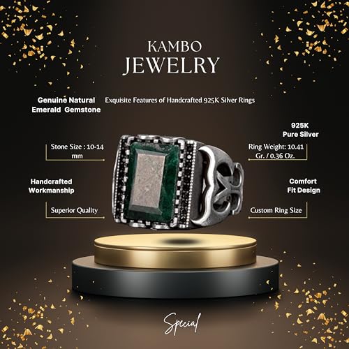 KAMBO Handmade 8.25 Carat Real Genuine Emerald Sterling Silver Ring for Men, Modern Cocktail Statement Birthstone Jewelr