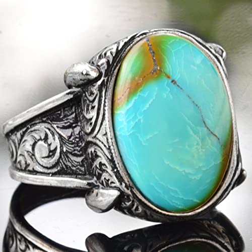 KAMBO Men's Handmade Natural Turquoise Ring in 925 Sterling Silver, Classic Vintage Style-1 Statement Jewelry, Healing C