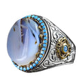 Natural Yemen Agate Stone Ring, Handcrafted 925 Sterling Silver Sultan Men's Ring