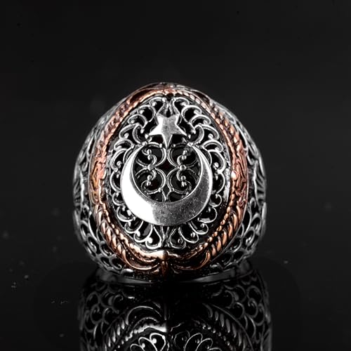 KAMBO Handmade 925 Sterling Silver Moon and Star Ring for Men, Adjustable Vintage Flag Style Statement Jewelry, Masculin