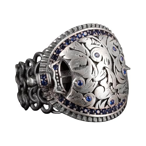 KAMBO Handmade 925 Sterling Silver Men's Ring with Created Zircon Gemstone, Vintage Shield and Sword Knight Design, Stat