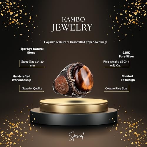 KAMBO Natural Gemstone Ring, Star of David Men's Design - Unique 925K Solid Sterling Silver Bold Courage Ring for Him