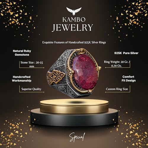 KAMBO Handmade Vintage Ruby Ring for Men - 925 Sterling Silver Statement Gemstone Ring with Gold Accents, Classic Design
