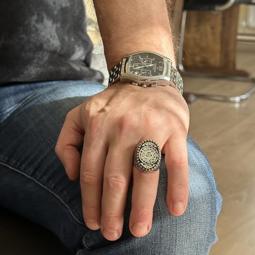 KAMBO Handmade 925 Sterling Silver Men's Ring, Religious Kabbalah David Star of Solomon Design, Vintage Statement Ring f