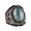 Ottoman Tugra Silver Ring with Natural Cabochon Emerald Stone 925 Sterling Silver Men's Ring