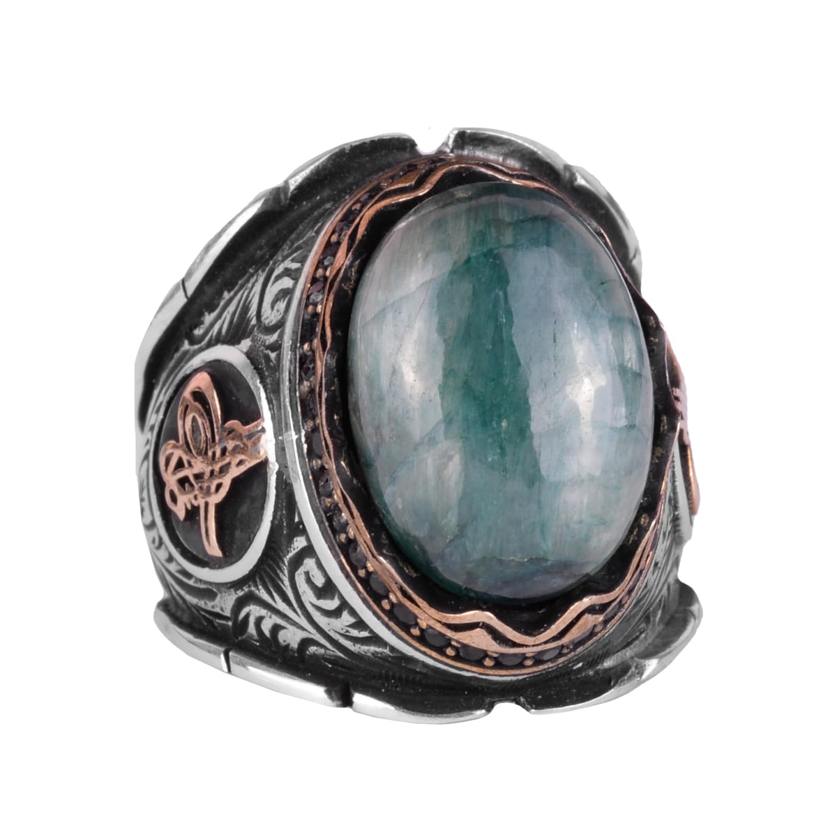 Ottoman Tugra Silver Ring with Natural Cabochon Emerald Stone 925 Sterling Silver Men's Ring