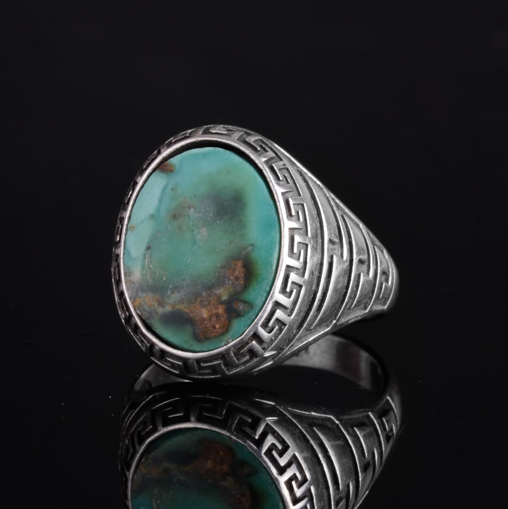 KAMBO Men's Natural Turquoise Stone Ring – Labyrinth Side Design 925 Sterling Silver Ring – Handmade Minimalist Description Jewelry (Style-12) — 5