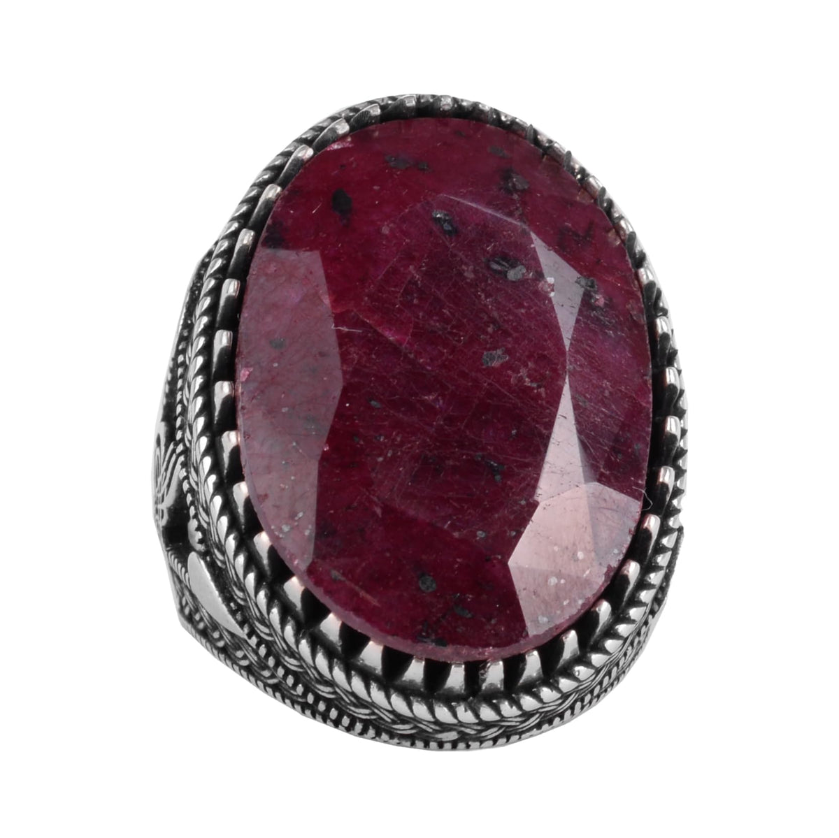 KAMBO Handmade Natural Stone Ring, Ottoman Seal 925 Sterling Silver Men's Ring - Magnificent and Majestic Design (Ruby)