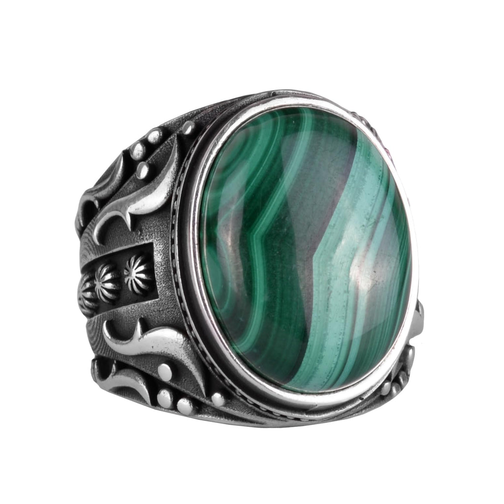 Natural Malachite Stone Ring, 925 Sterling Silver Men's Ring (Model-2)