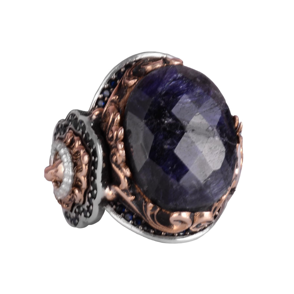 925 Sterling Silver Men's Ring - Sapphire Stone - Handmade Ring with Lion Symbol