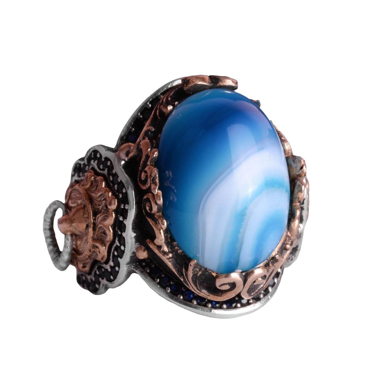 Natural Blue Agate Stone Ring, 925 Sterling Silver Ring, Lion Head Ring