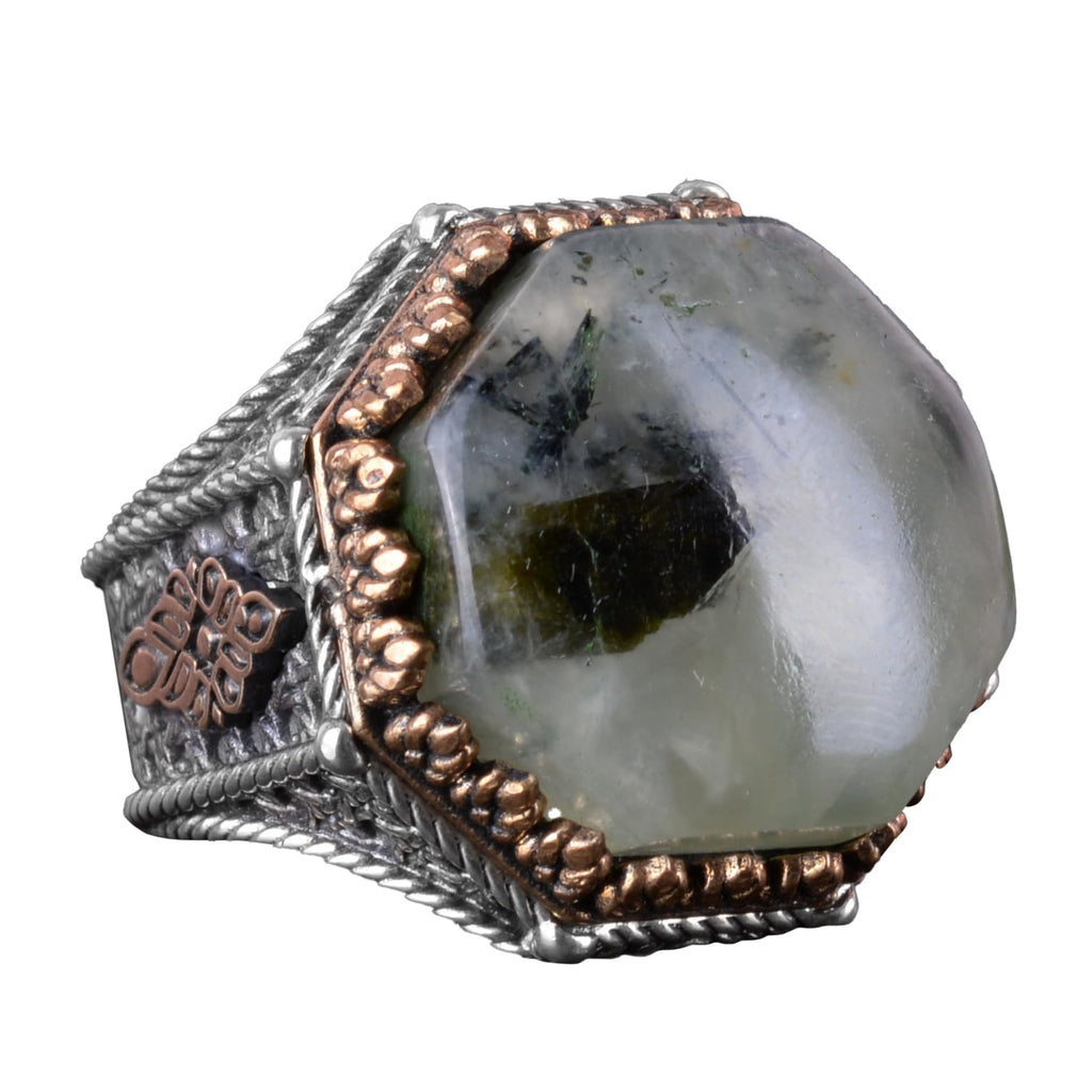 Natural Prehnite Stone Octagonal Ring - Handcrafted 925 Sterling Silver Jewelry