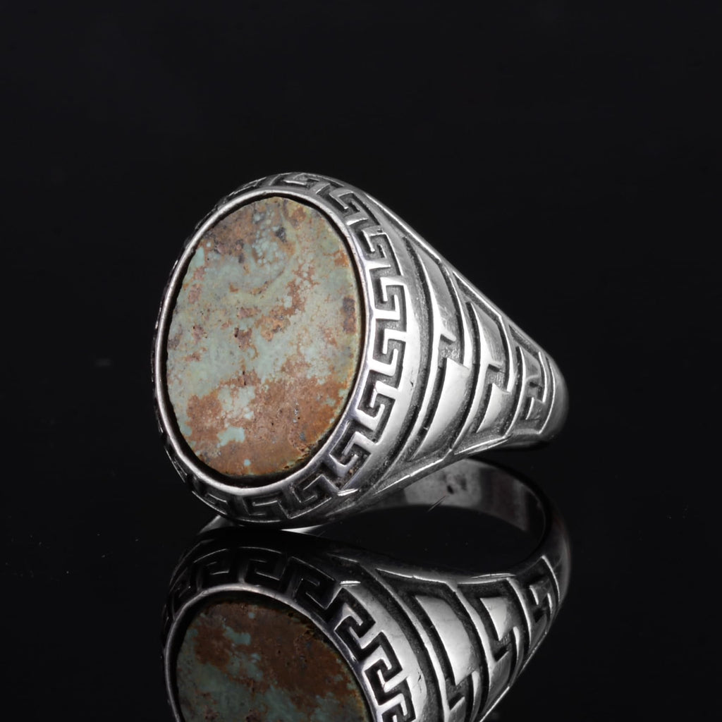 KAMBO Men's Natural Turquoise Stone Ring – 925 Sterling Silver Ring with Maze Side Designs – Handmade Minimalist Expression Jewelry — 5